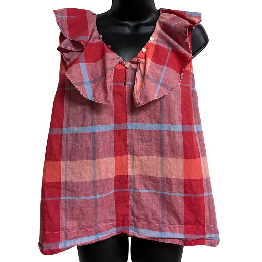 Isabella Sinclair Womens XL Plaid Ruffle Sleeveless Blouse Pink Red Cotton Top